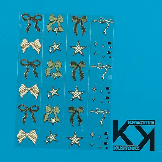 An A5 sheet of UV DTF adhesive decals featuring various bows, checkered stars, and sparkles.