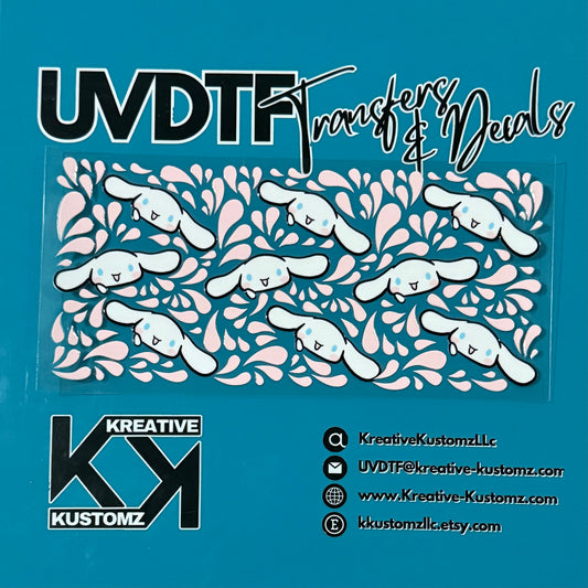 A UV DTF cup wrap featuring a repeating pattern of Cinnamoroll characters and pink teardrops.