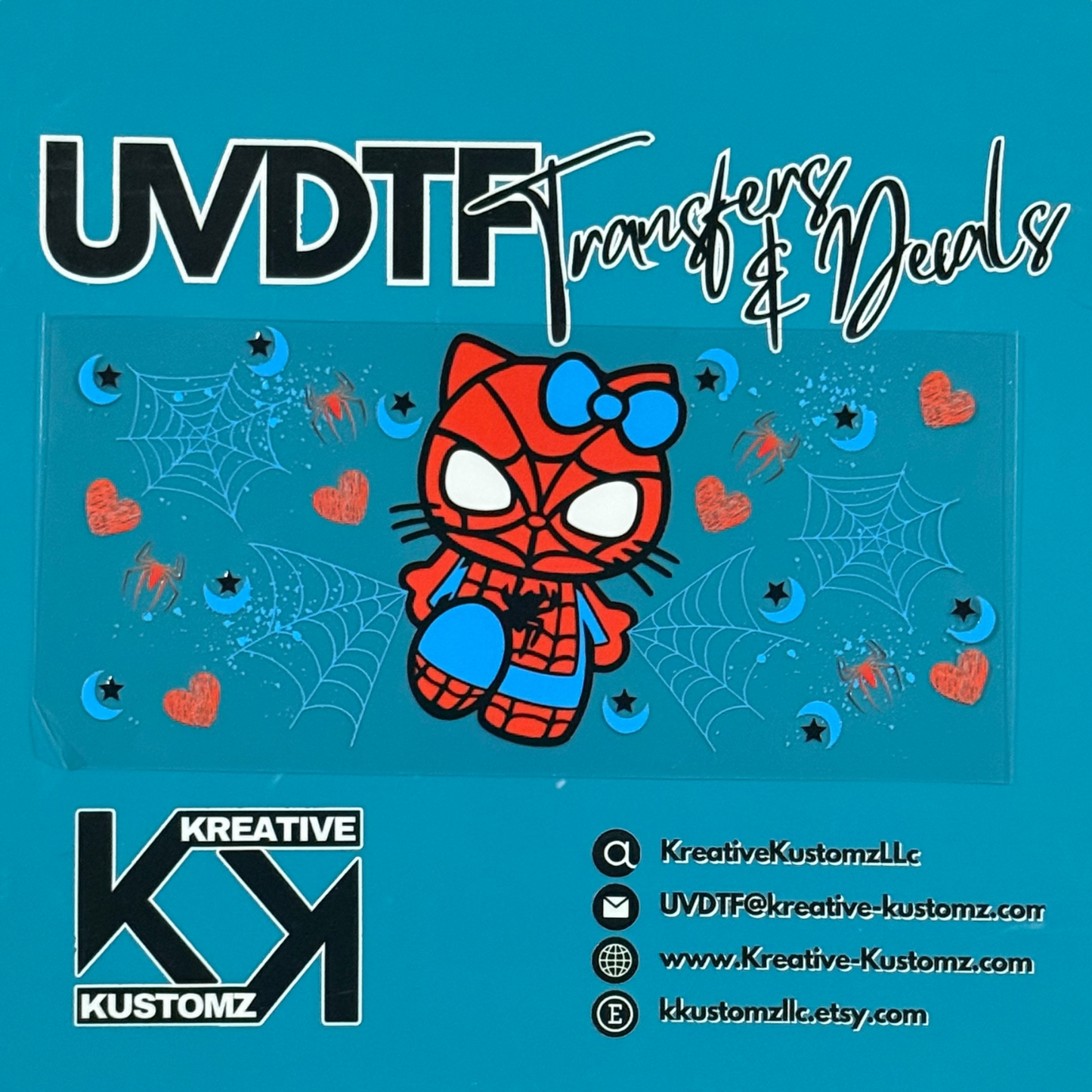 A UV DTF cup wrap featuring a Hello Kitty Spider-Man character with spiderwebs and hearts.