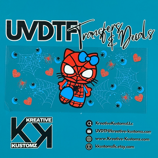A UV DTF cup wrap featuring a Hello Kitty Spider-Man character with spiderwebs and hearts.