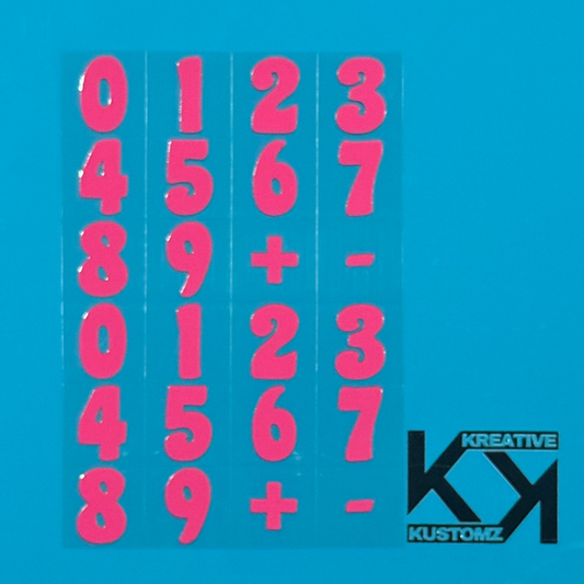An A5 sheet of pink precut number and symbol decals for glassware application.