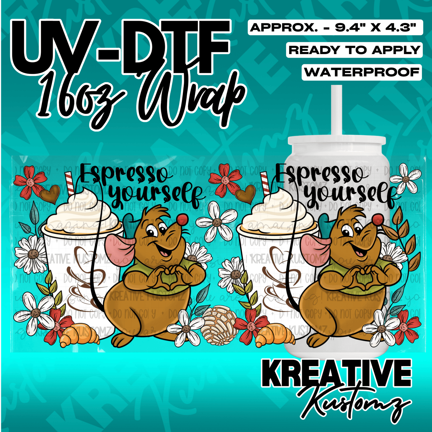 A UV DTF adhesive wrap for 16oz glass cans featuring a cartoon mouse, coffee, and floral designs.