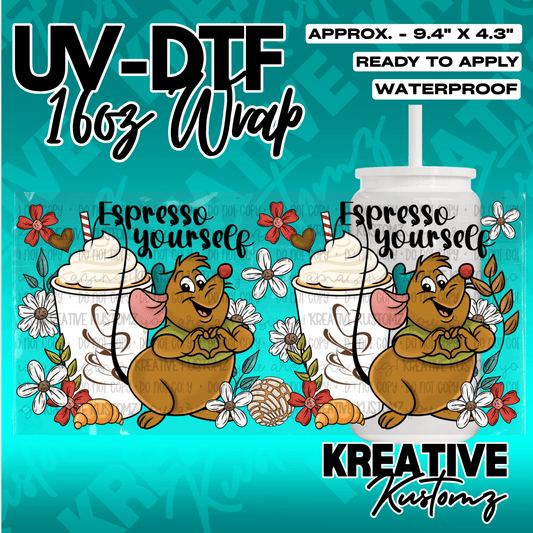 A UV DTF adhesive wrap for 16oz glass cans featuring a cartoon mouse, coffee, and floral designs.