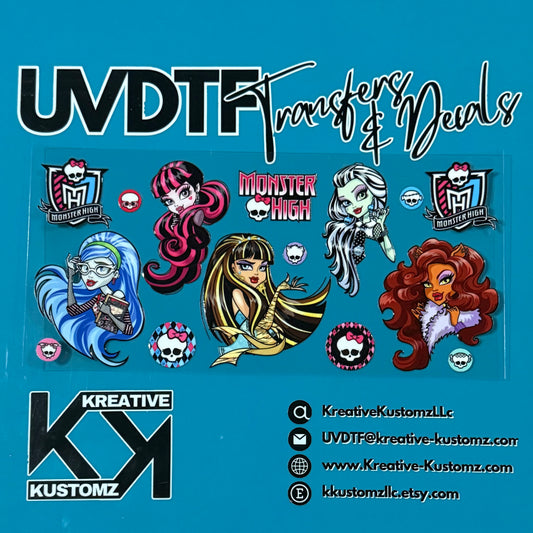 A sheet of Monster High themed UV DTF adhesive decals featuring various character illustrations.