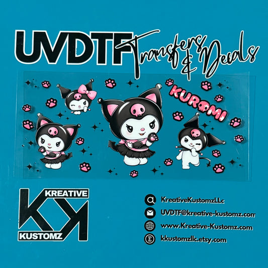 A Kuromi themed UV DTF adhesive cup wrap featuring four character designs and paw prints.