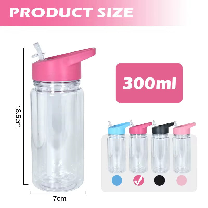 A clear acrylic water bottle with a straw lid, measuring 18.5cm tall and 7cm wide.