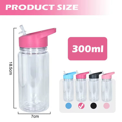 A clear acrylic water bottle with a straw lid, measuring 18.5cm tall and 7cm wide.