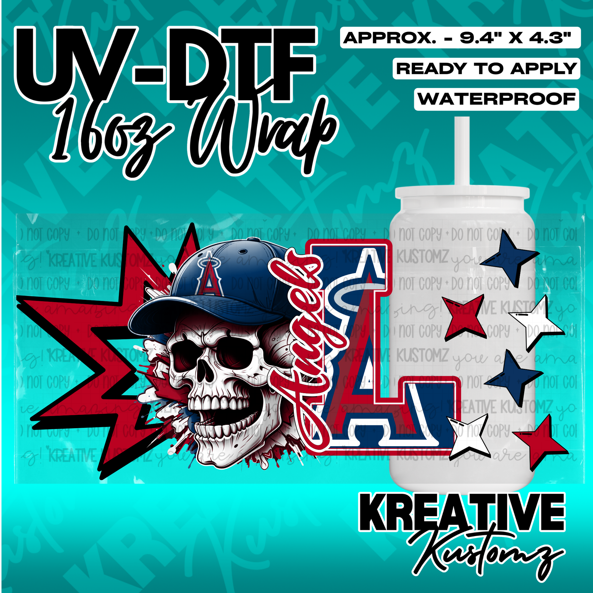 A UV DTF adhesive wrap for a 16oz glass can featuring a skull in an Angels baseball cap.