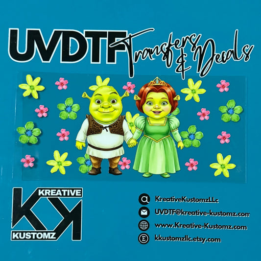 A UV DTF cup wrap featuring Shrek and Princess Fiona surrounded by colorful flowers.