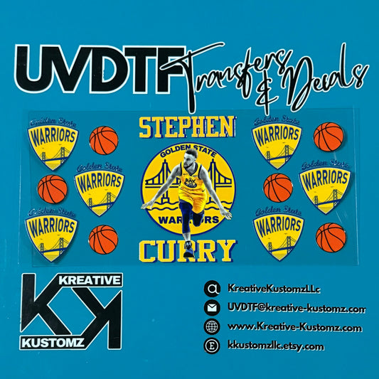 A UV DTF adhesive cup wrap featuring Stephen Curry and Golden State Warriors logos.
