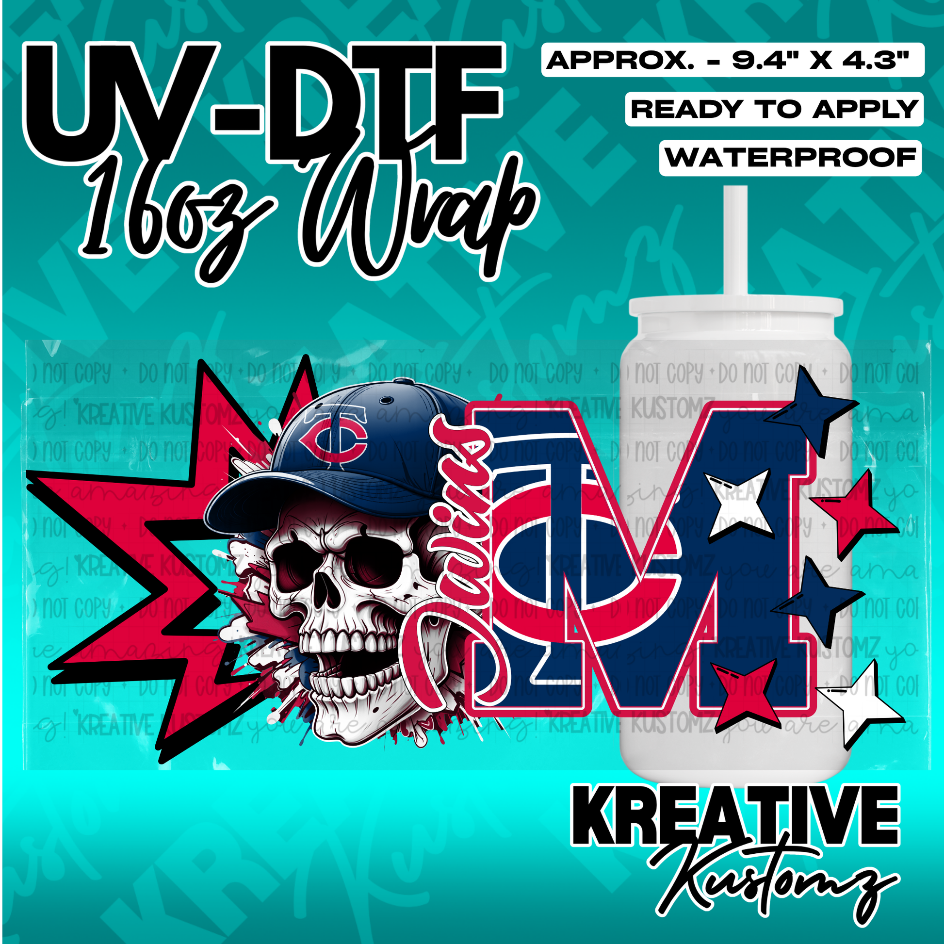 A UV DTF adhesive wrap for 16oz glass cans featuring a skull wearing a Minnesota Twins baseball cap.
