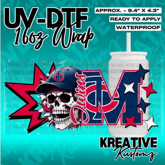 A UV DTF adhesive wrap for 16oz glass cans featuring a skull wearing a Minnesota Twins baseball cap.