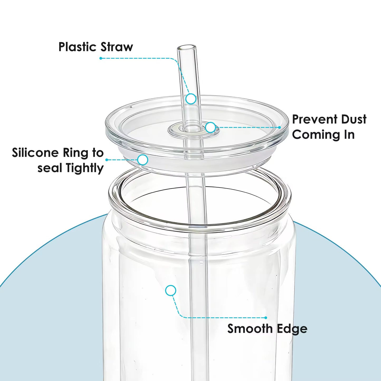A clear acrylic cup with a lid, silicone seal, and plastic straw shown in an exploded view.