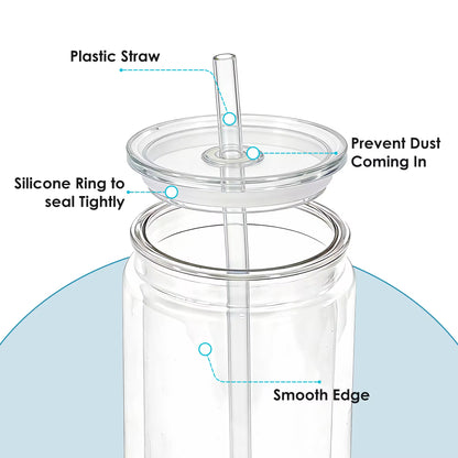 A clear acrylic cup with a lid, silicone seal, and plastic straw shown in an exploded view.