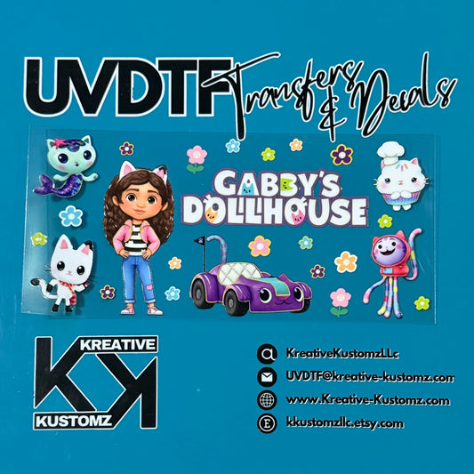 A Gabby's Dollhouse themed UV DTF adhesive wrap for 16oz glass cups on a blue background.