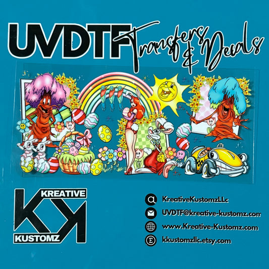 A colorful Easter-themed UV DTF adhesive wrap featuring cartoon characters and spring motifs.