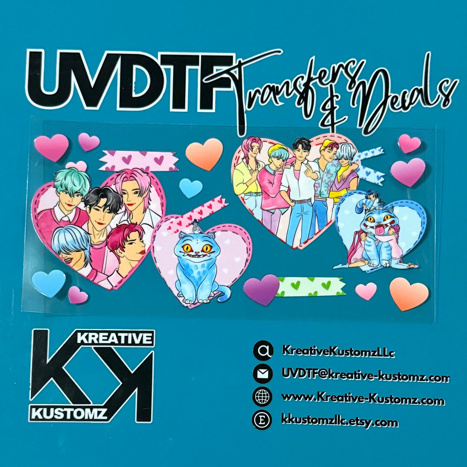 A UV DTF adhesive cup wrap featuring anime-style characters and cats inside heart-shaped frames.