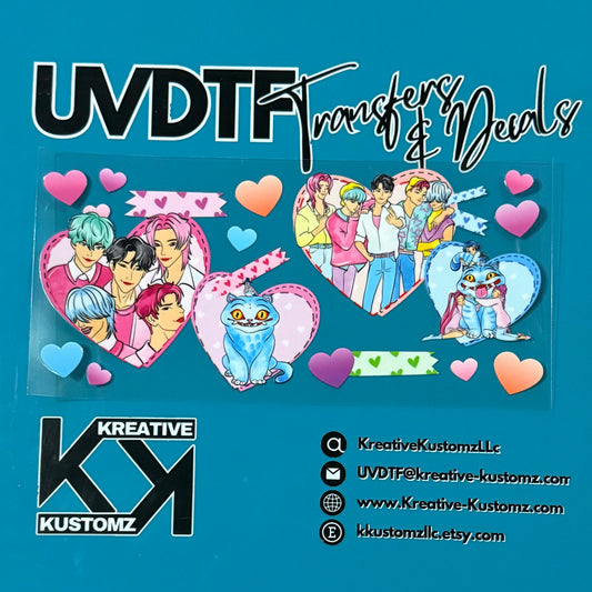 A UV DTF adhesive cup wrap featuring anime-style characters and cats inside heart-shaped frames.