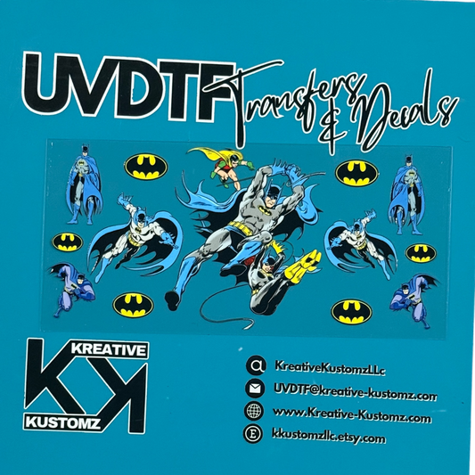 A Batman-themed UV DTF adhesive cup wrap featuring various character poses and logos.