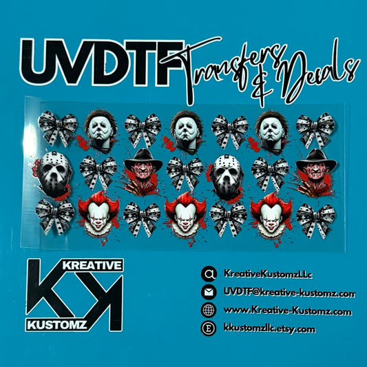 A sheet of horror-themed UV DTF decals featuring Michael Myers, Jason, Freddy, and Pennywise.