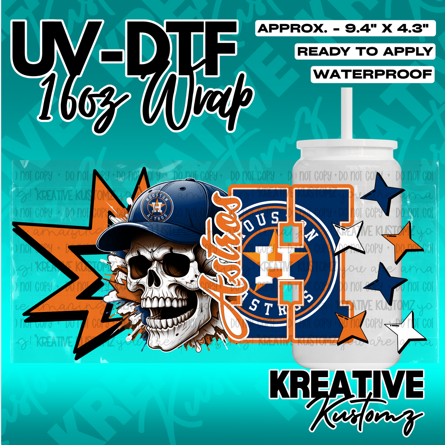 A Houston Astros themed UV DTF adhesive wrap for a 16oz glass can featuring a skull design.