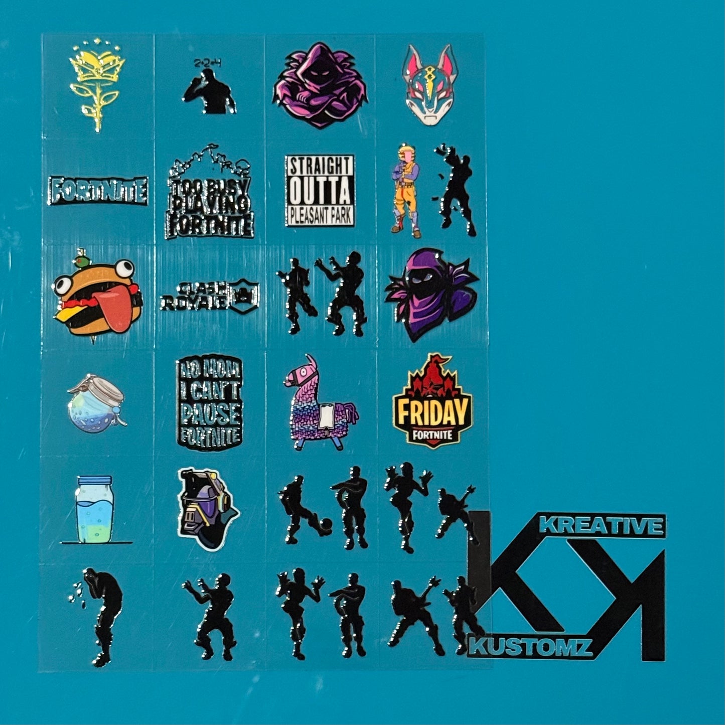 An A5 sheet featuring 24 precut Fortnite-themed UV DTF decals on a blue background.