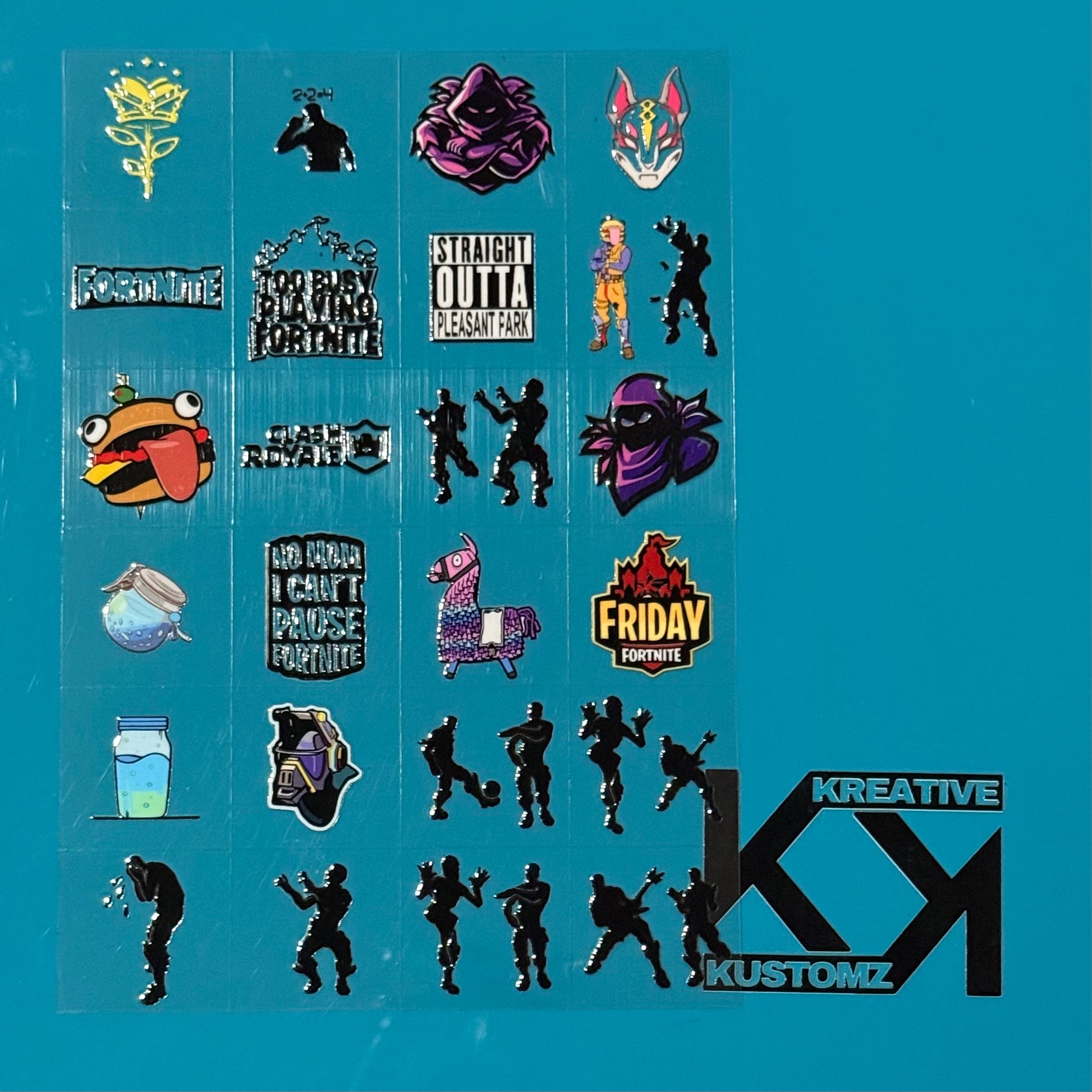 An A5 sheet featuring 24 precut Fortnite-themed UV DTF decals on a blue background.