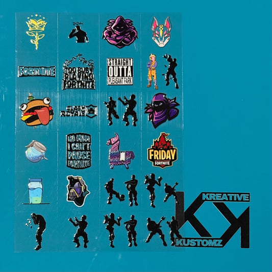 An A5 sheet featuring 24 precut Fortnite-themed UV DTF decals on a blue background.