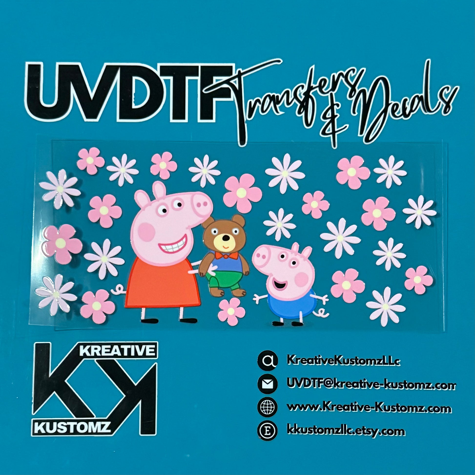 A UV DTF cup wrap featuring Peppa Pig, George, and a teddy bear surrounded by pink flowers.