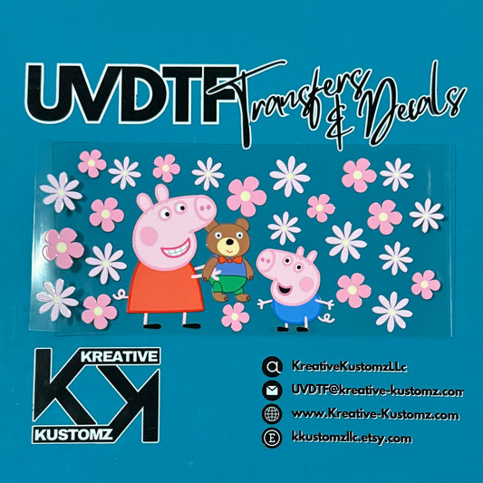 A UV DTF cup wrap featuring Peppa Pig, George, and a teddy bear surrounded by pink flowers.