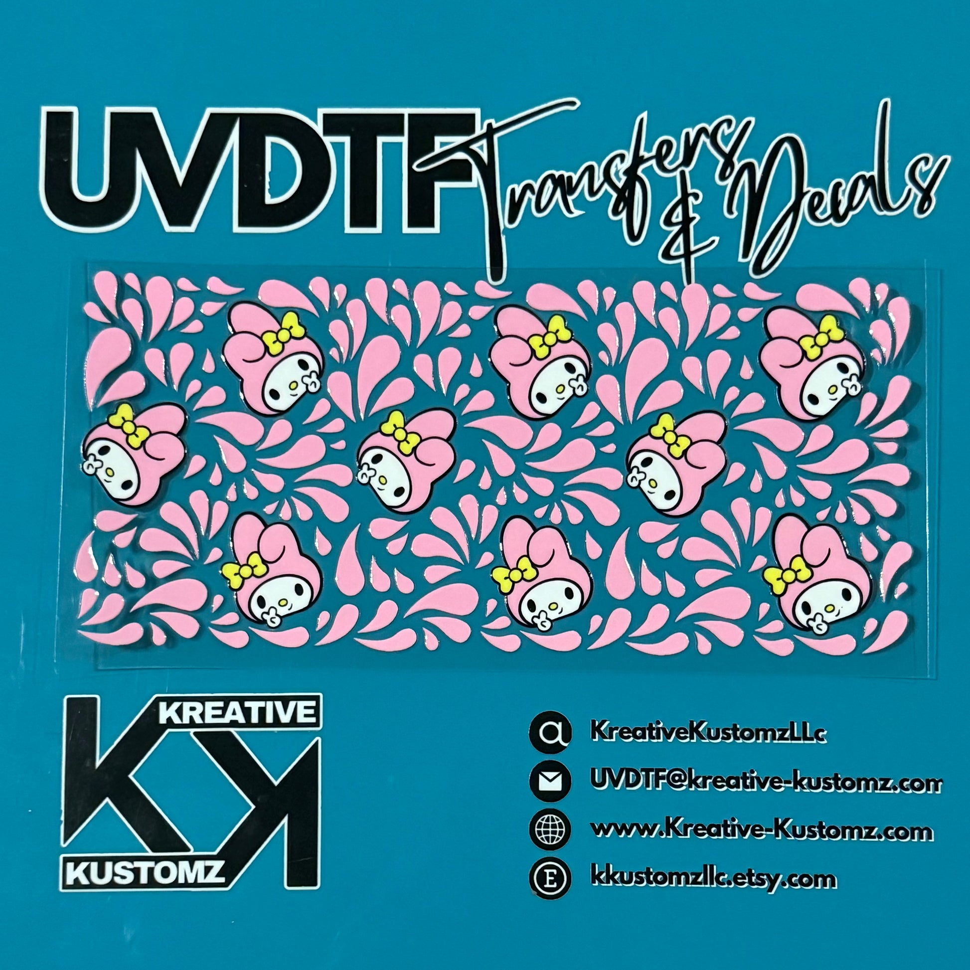 A UV DTF adhesive wrap for a 16oz glass cup featuring a repeating My Melody pattern.
