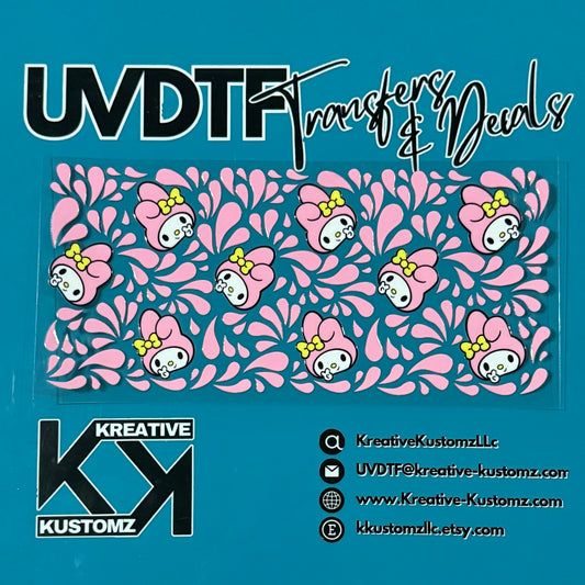 A UV DTF adhesive wrap for a 16oz glass cup featuring a repeating My Melody pattern.