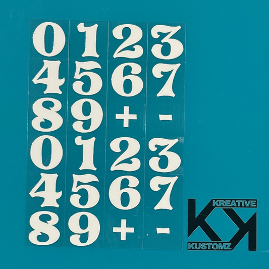 An A5 sheet of white UV DTF decals featuring two sets of numbers zero through nine plus symbols.