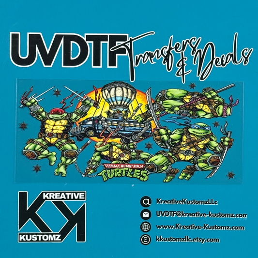 A Teenage Mutant Ninja Turtles UV DTF cup wrap decal featuring the four turtles and a bus.