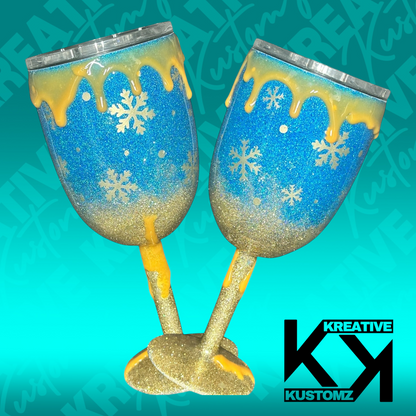 Blue and Gold Snowflake Drip 1 - 12oz Wine Glass