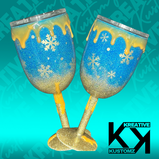 Blue and Gold Snowflake Drip 1 - 12oz Wine Glass