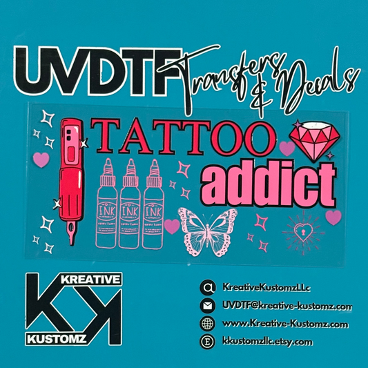 A rectangular UV DTF cup wrap featuring a tattoo theme with ink bottles and a butterfly design.