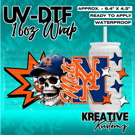 A UV DTF adhesive wrap for a 16oz glass cup featuring a skull wearing a Mets baseball cap.