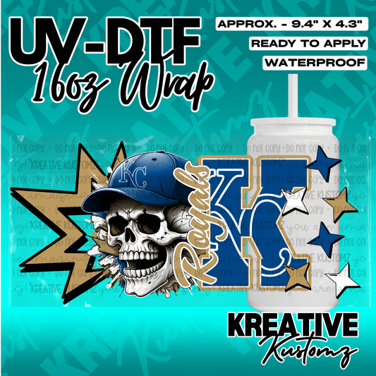 A UV DTF cup wrap featuring a skull wearing a Kansas City Royals baseball cap.