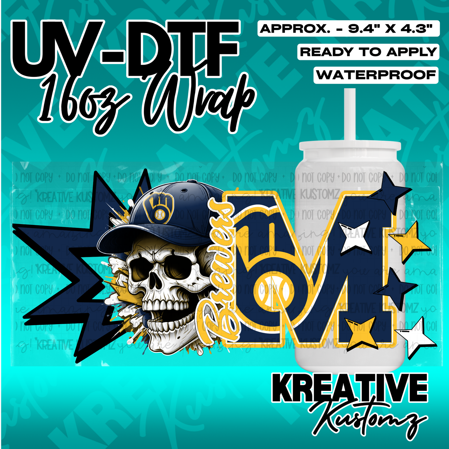 A Milwaukee Brewers themed UV DTF wrap for a 16oz glass can featuring a skull in a baseball cap.