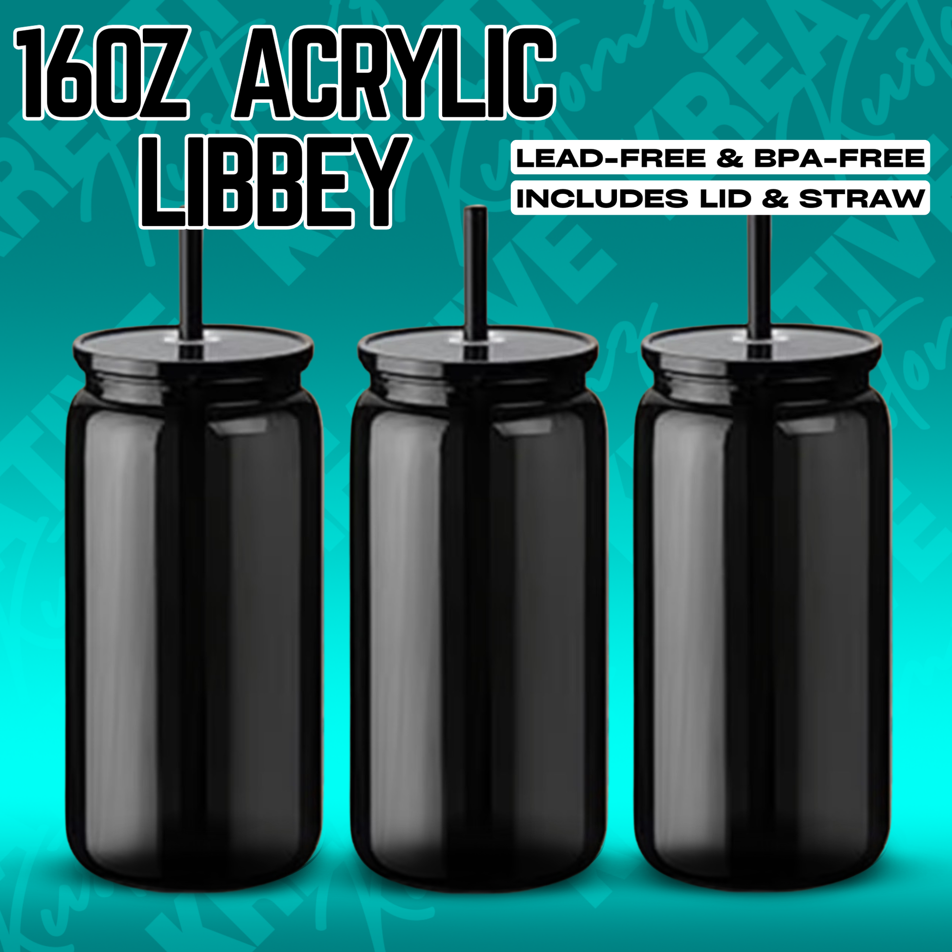 Three black acrylic beer can tumblers with matching lids and straws against a teal background.