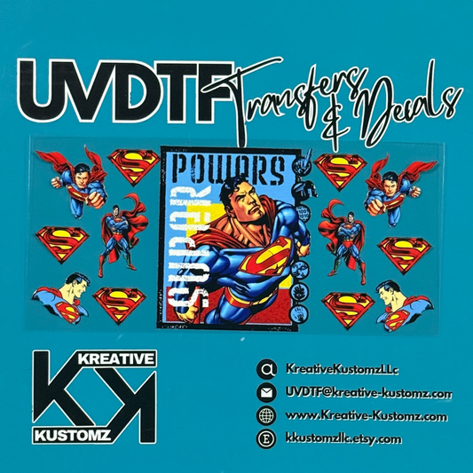 A Superman themed UV DTF adhesive wrap for 16oz glass cans featuring comic book style graphics.