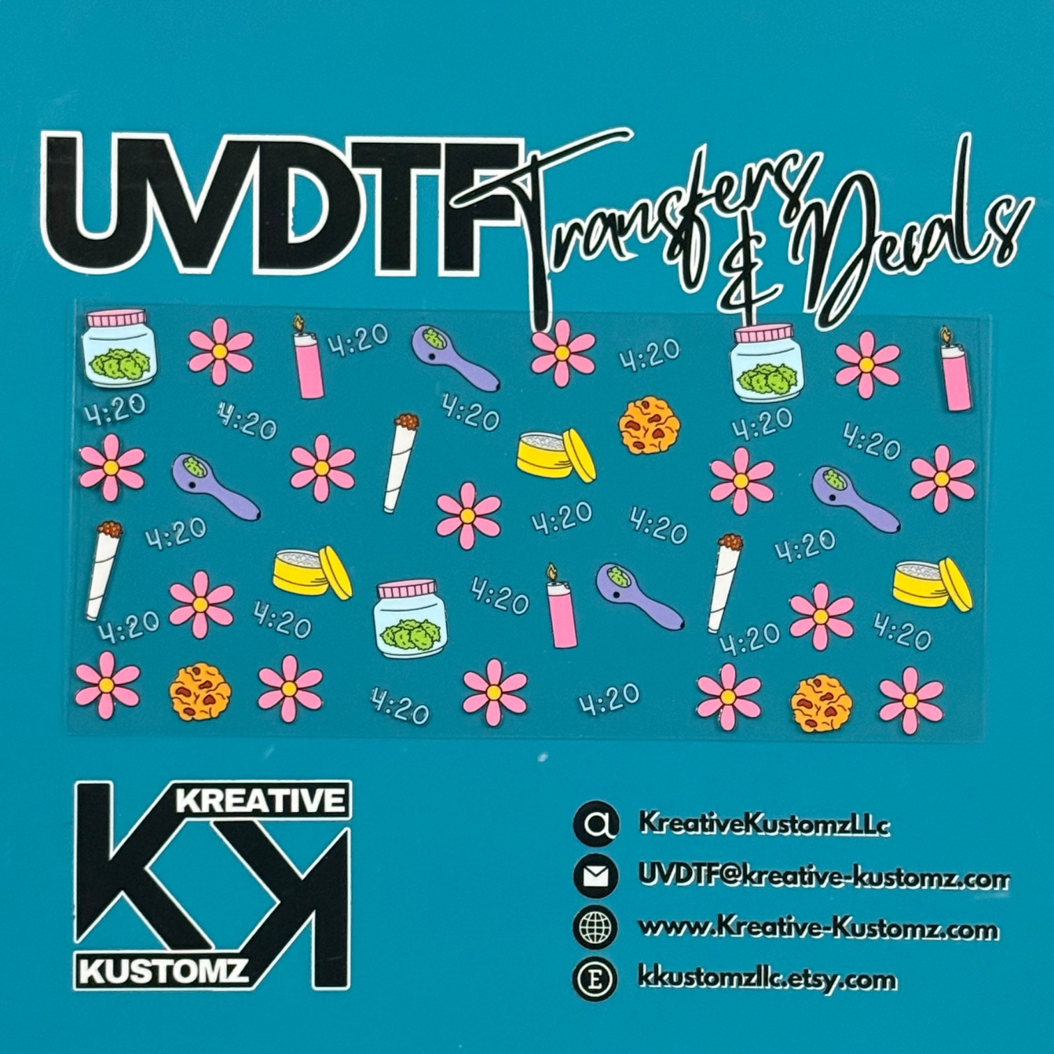 A rectangular UV DTF cup wrap featuring a pattern of cannabis-themed icons and pink flowers.
