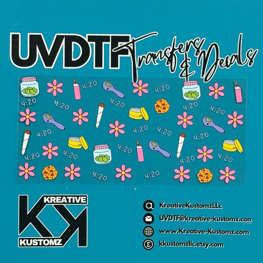 A rectangular UV DTF cup wrap featuring a pattern of cannabis-themed icons and pink flowers.