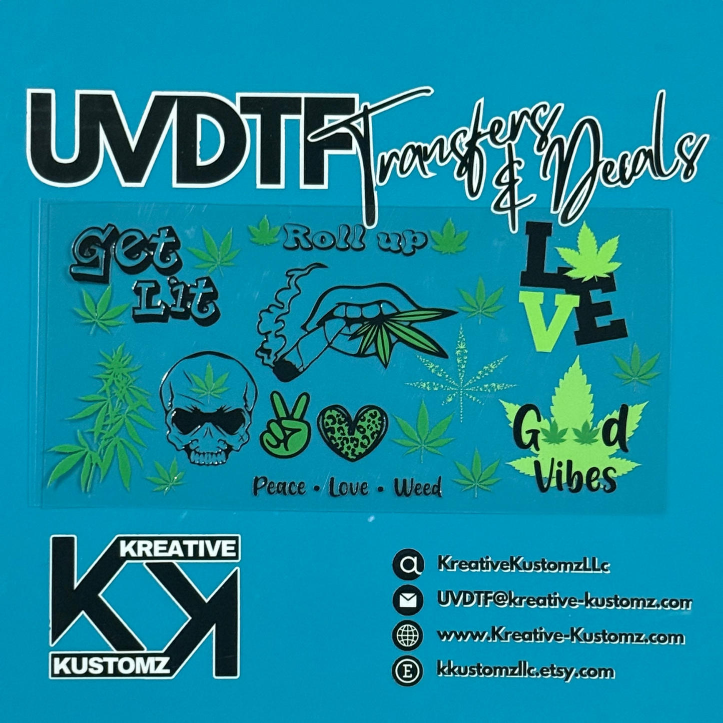 A sheet of cannabis-themed UV DTF adhesive cup wrap decals on a blue background.
