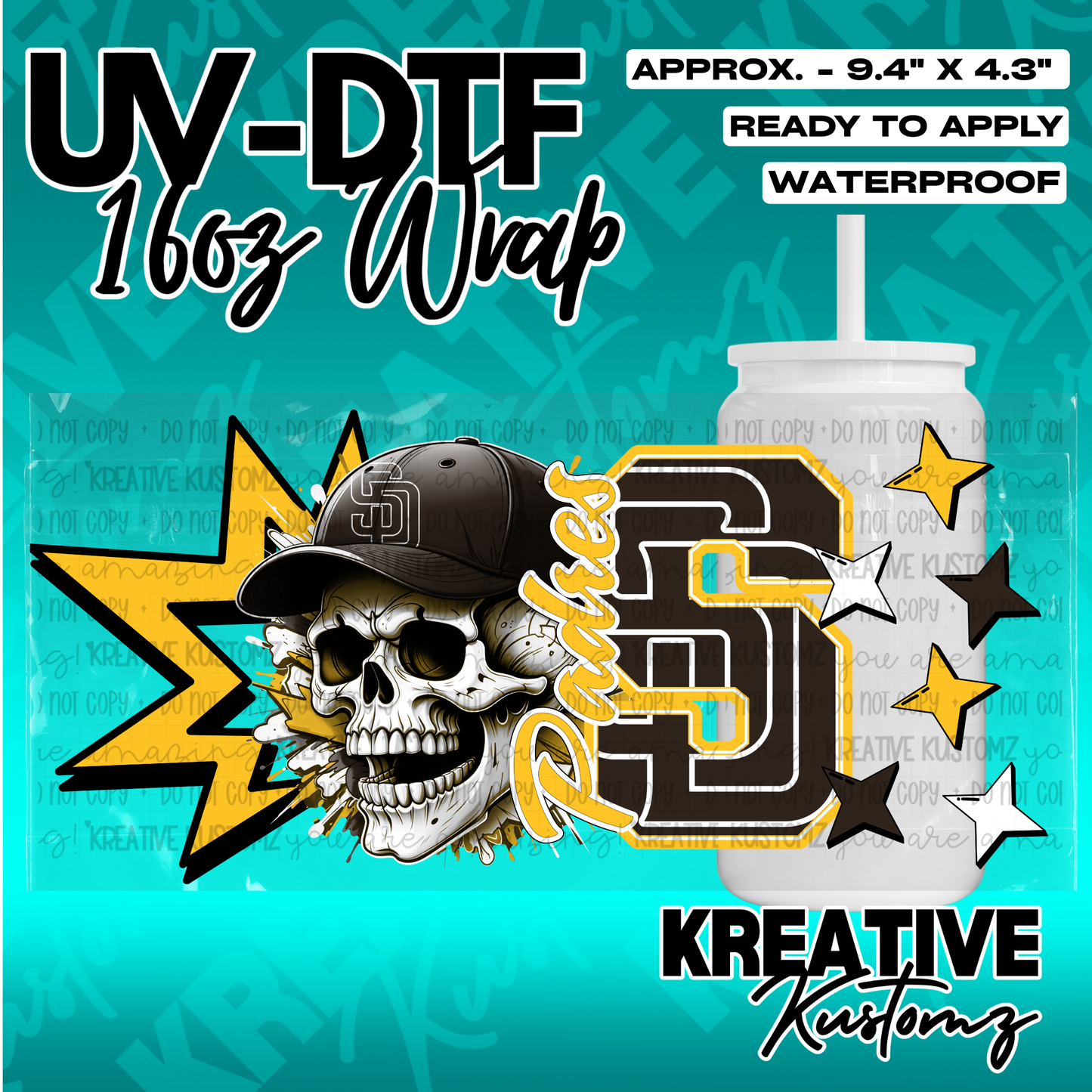 A San Diego Padres themed UV DTF adhesive wrap for a 16oz glass cup featuring a skull design.