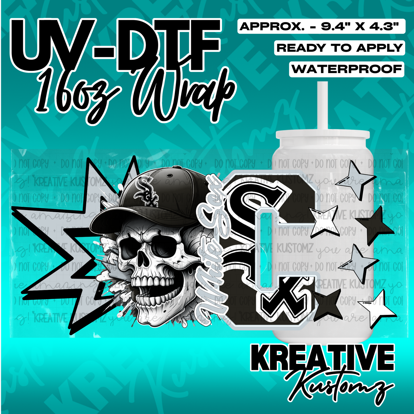 A UV DTF cup wrap featuring a skull wearing a Chicago White Sox baseball cap.