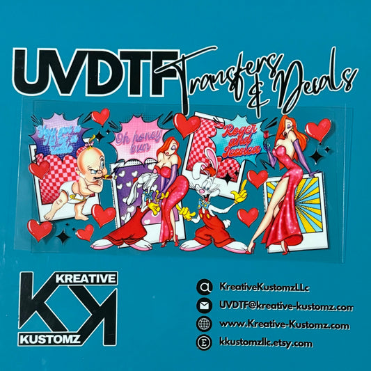 A UV DTF cup wrap featuring Roger and Jessica Rabbit characters on a clear adhesive sheet.