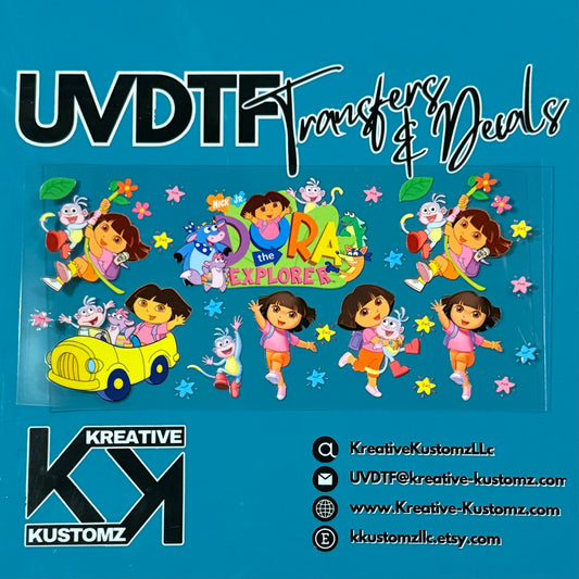 A Dora the Explorer themed UV DTF adhesive wrap for a 16oz glass cup on a blue background.