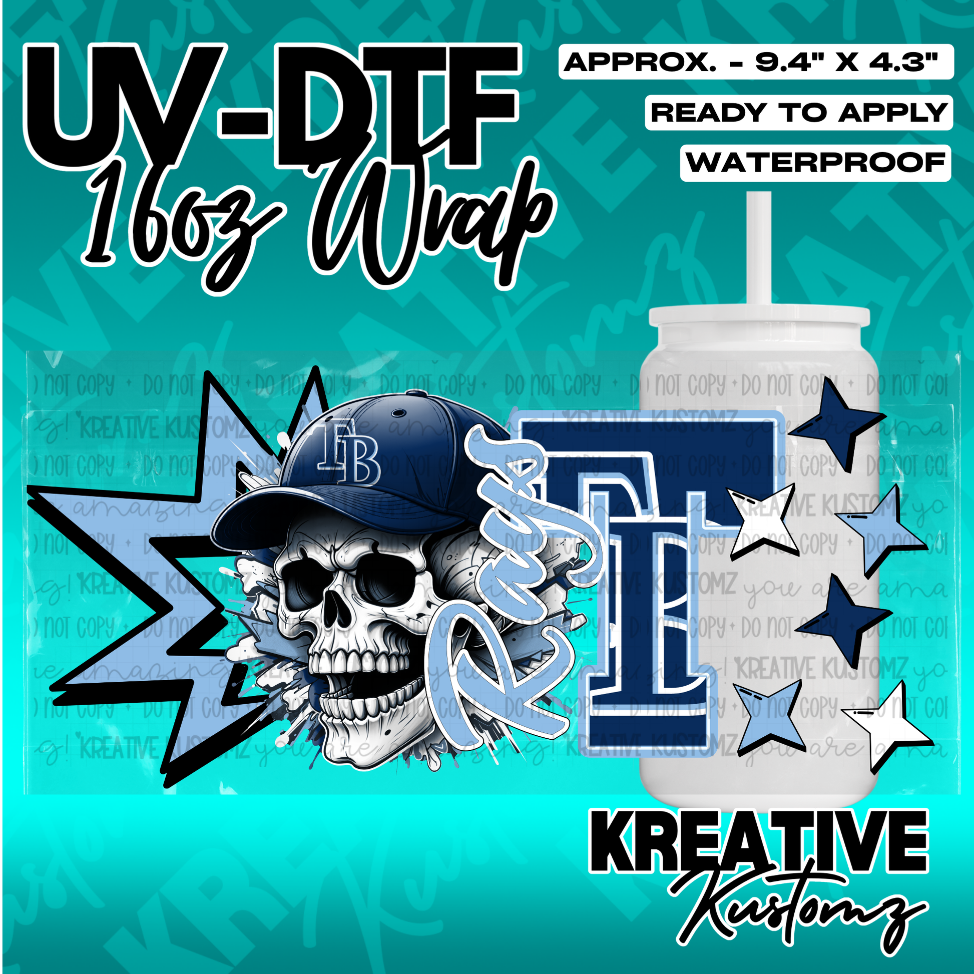 A UV DTF adhesive wrap for 16oz glass cans featuring a skull in a baseball cap and Rays branding.